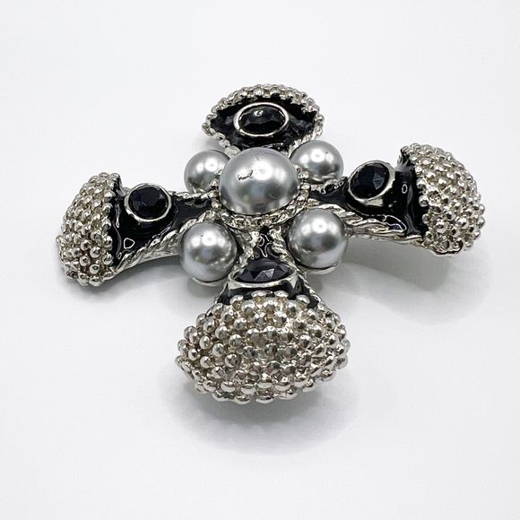 Vintage Maltese Cross Brooch Pin Faux Pearl Enamel Rhinestone 3" Statement Heavy - Picture 4 of 10